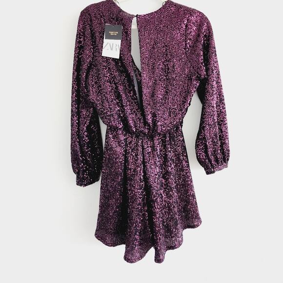 Zara Purple Sequin Romper Shorts Long Sleeve V-Neck Floral Detail Medium - Picture 3 of 10